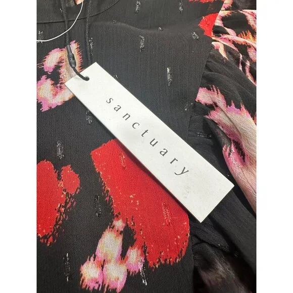 NWT Sanctuary Women’s Black Floral Babydoll Mini Dress Mock Neck Size Small - Picture 6 of 7
